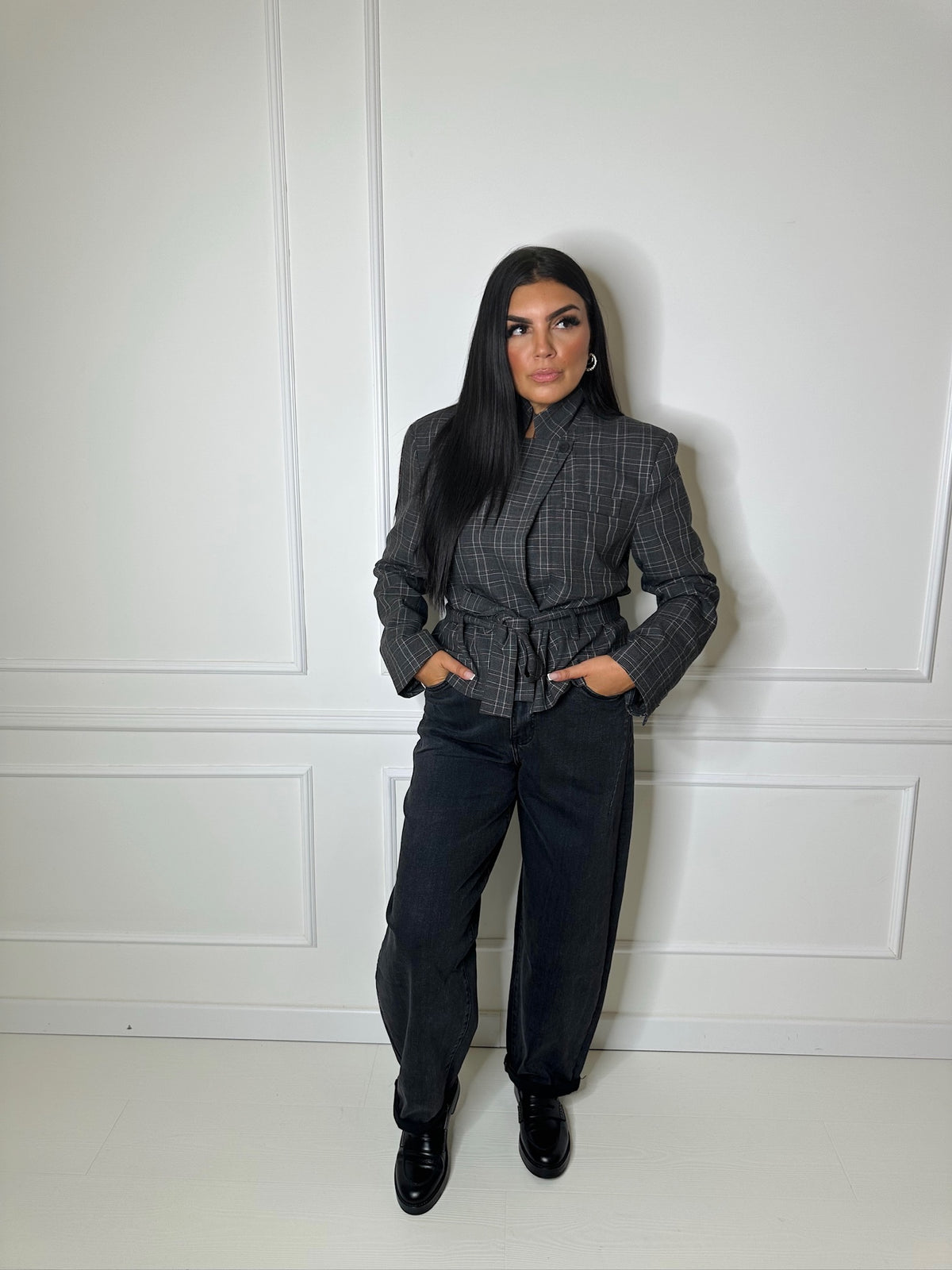Veste blazer à carreaux – Gris 🩶