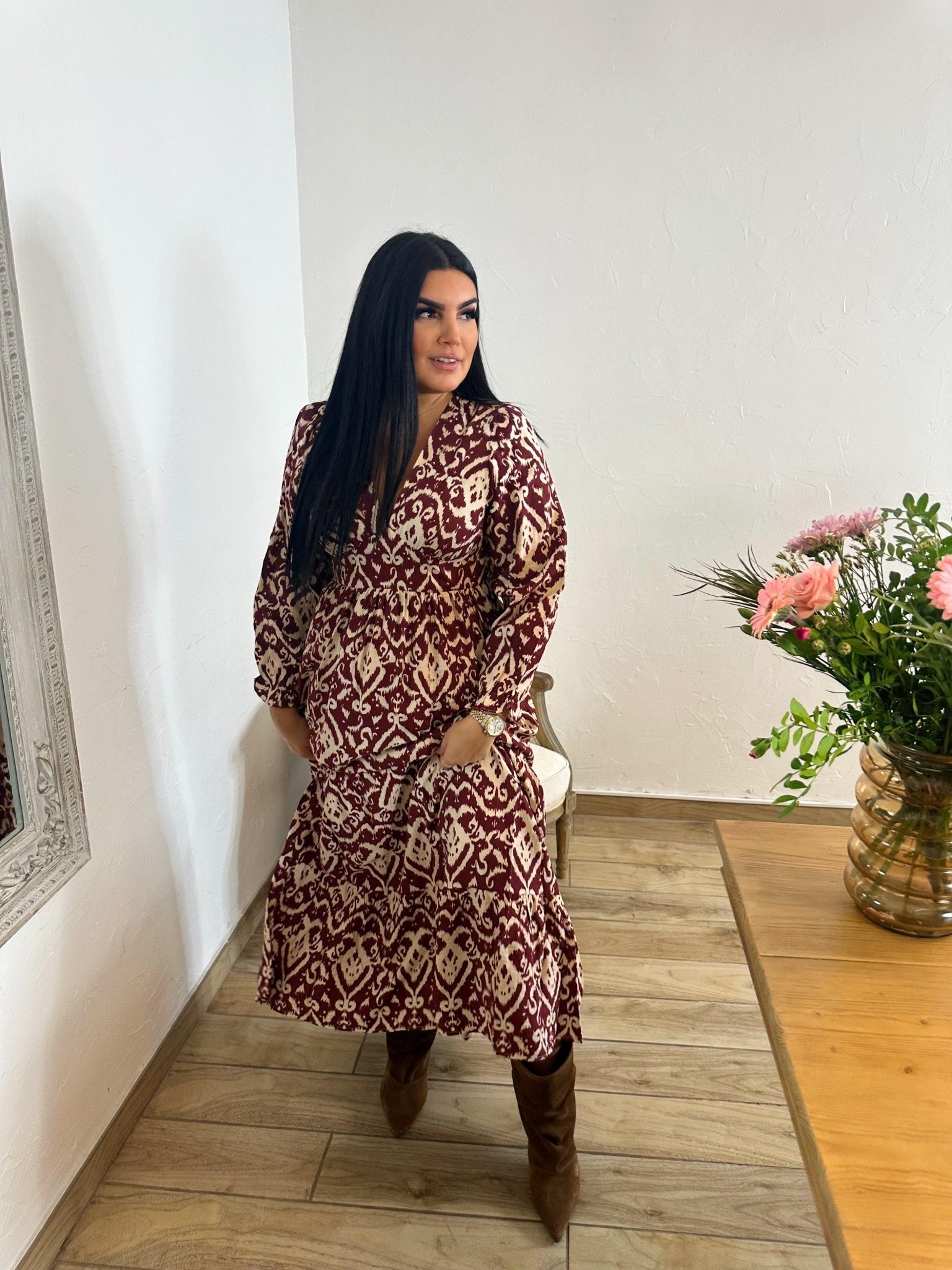 Robe longue bordeaux imprimé bohème