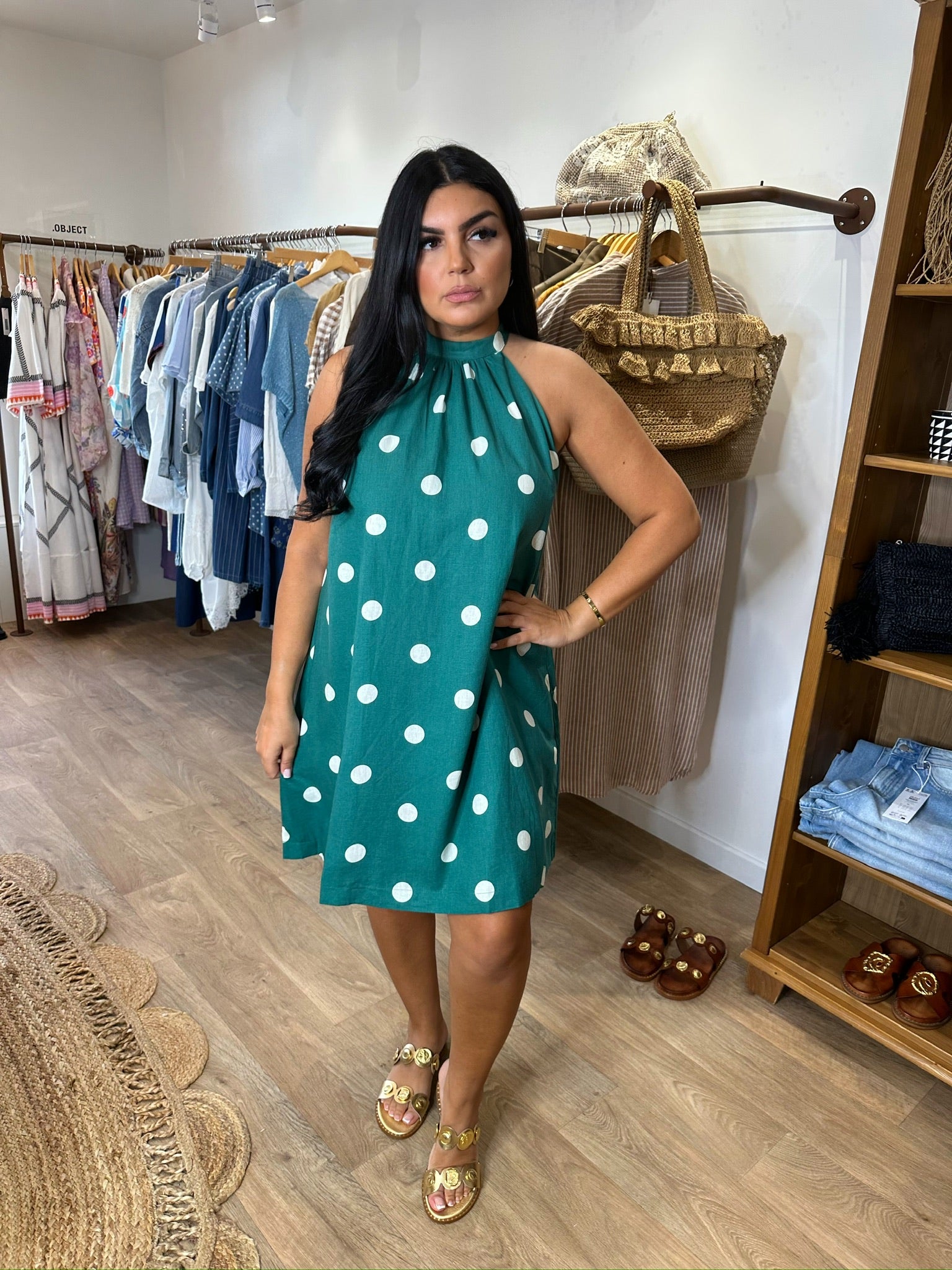 ROBE COURTE À POIS ÉVASÉE SANS MANCHES EMERAUDE WARNA