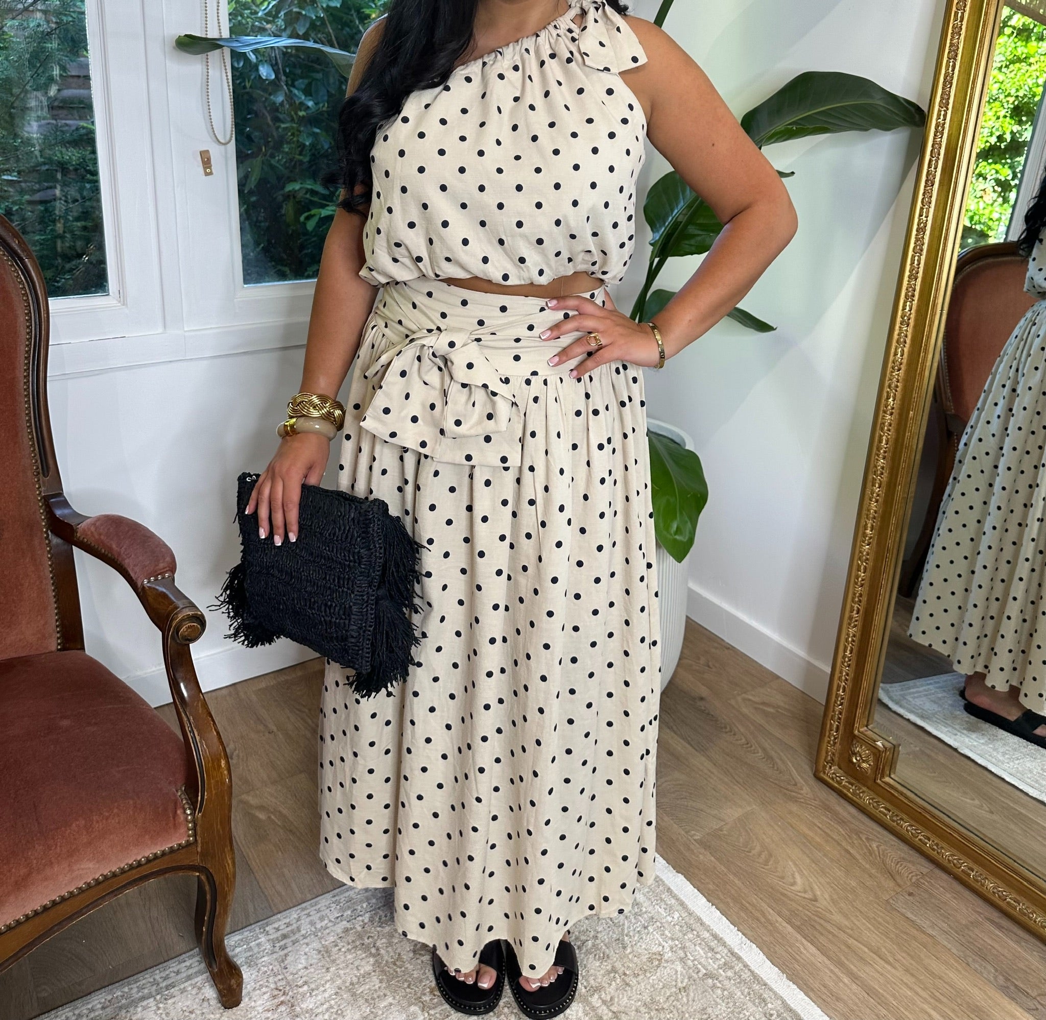 Ensemble jupe à pois beige & noir