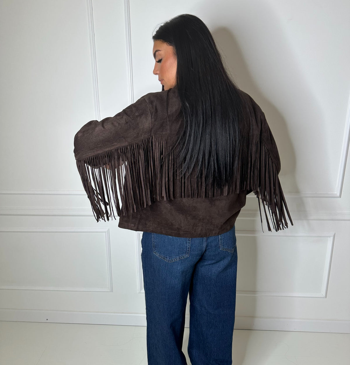 Veste à franges effet daim – Chocolat 🤎