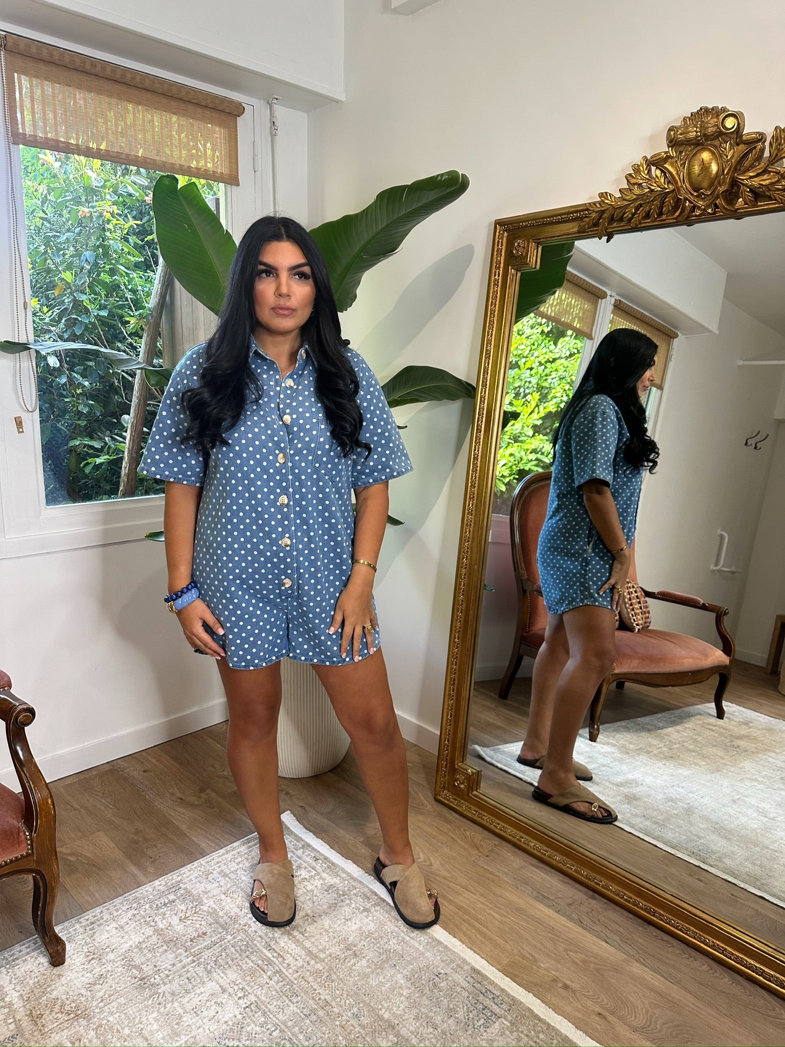 Combinaison short jeans à pois