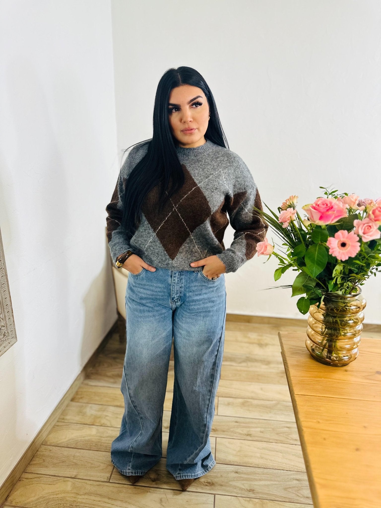 Pull Gris Motif Argyle – Style Chic & Cozy