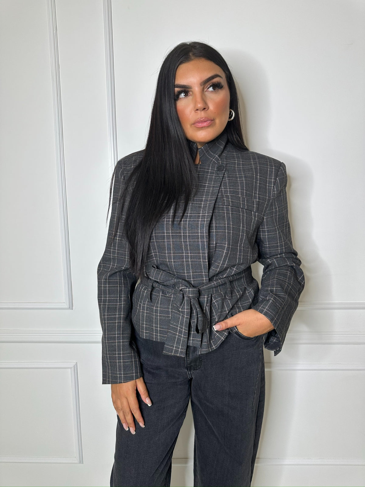 Veste blazer à carreaux – Gris 🩶