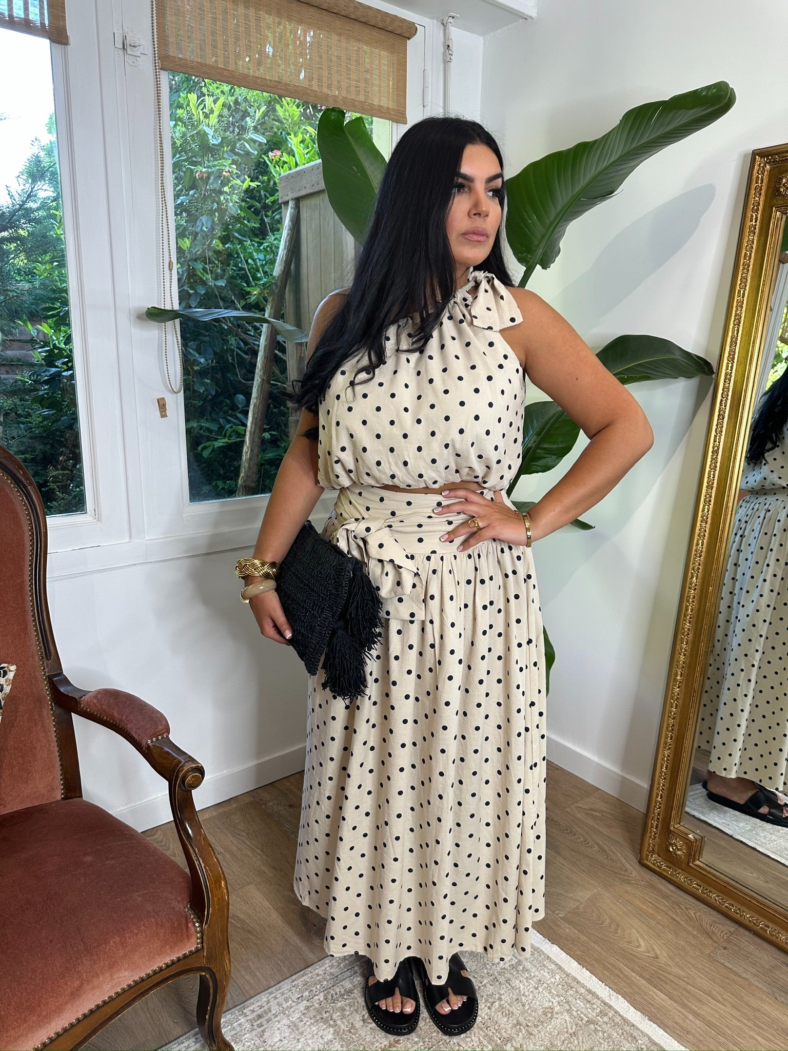 Ensemble jupe à pois beige & noir
