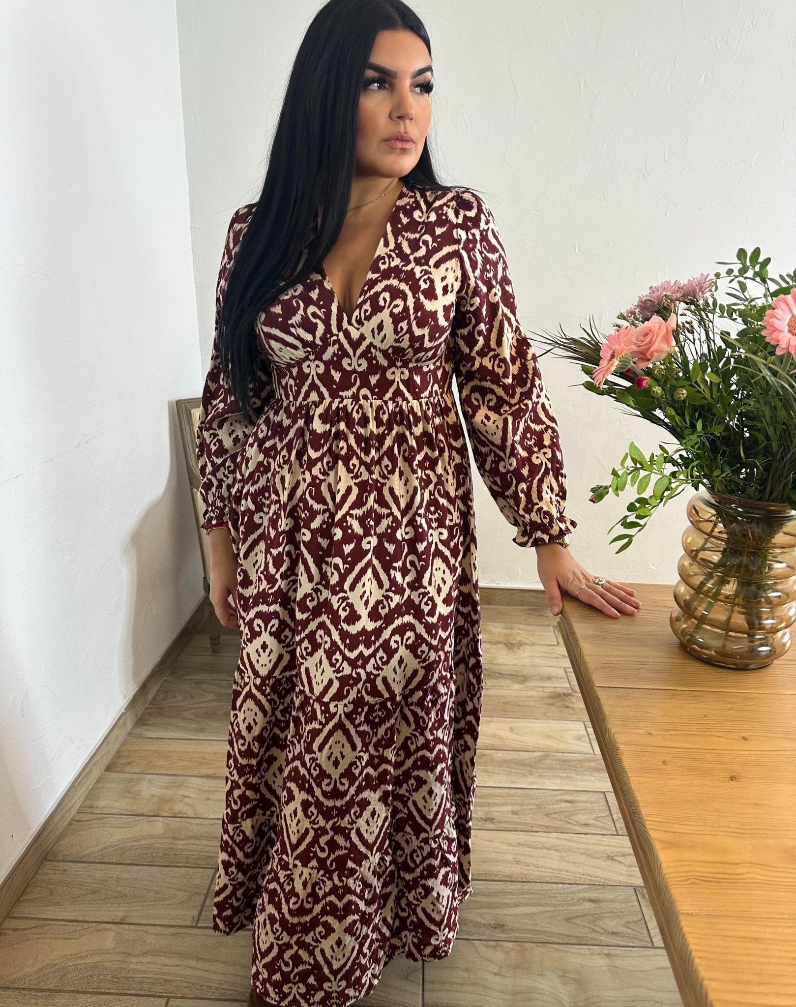 Robe longue bordeaux imprimé bohème