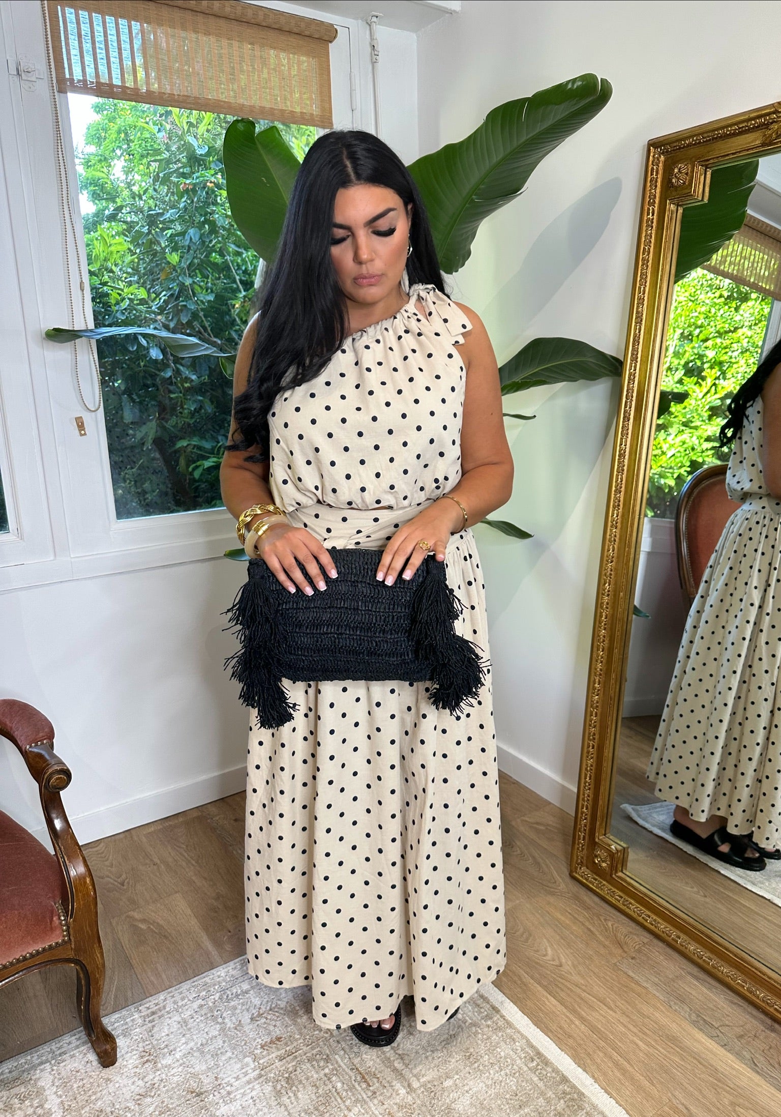 Ensemble jupe à pois beige & noir