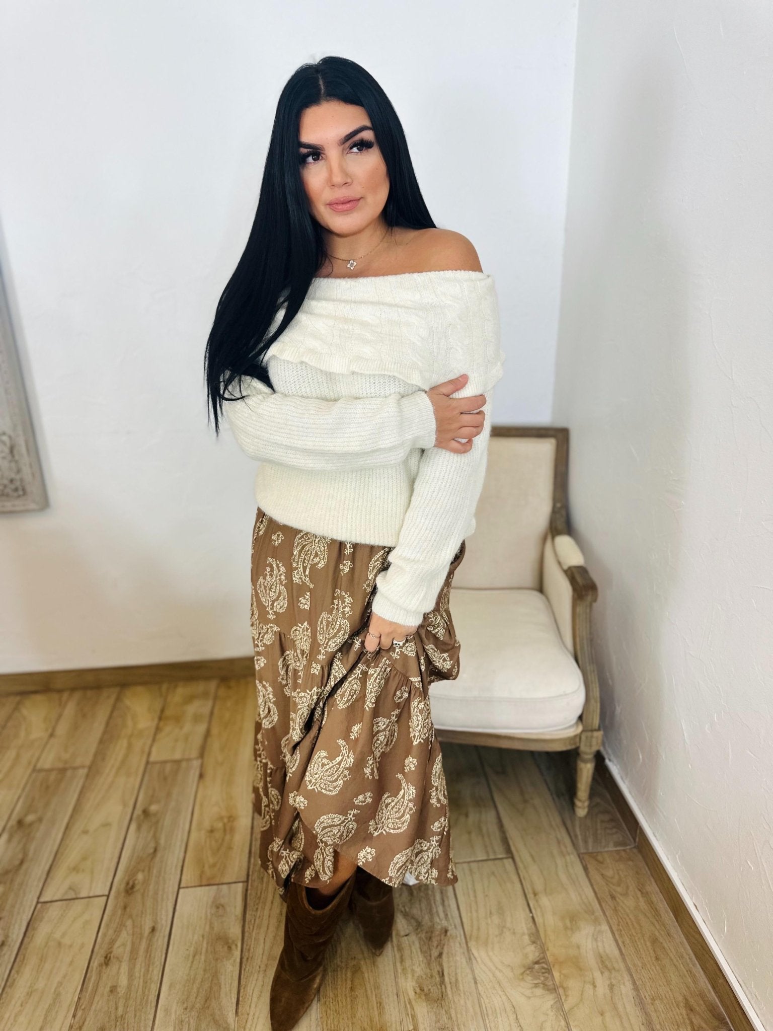 Jupe longue bohème camel motifs paisley