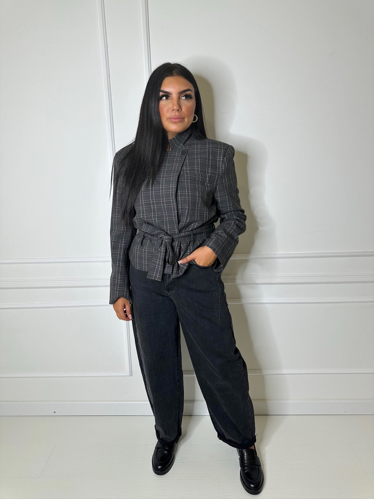 Veste blazer à carreaux – Gris 🩶