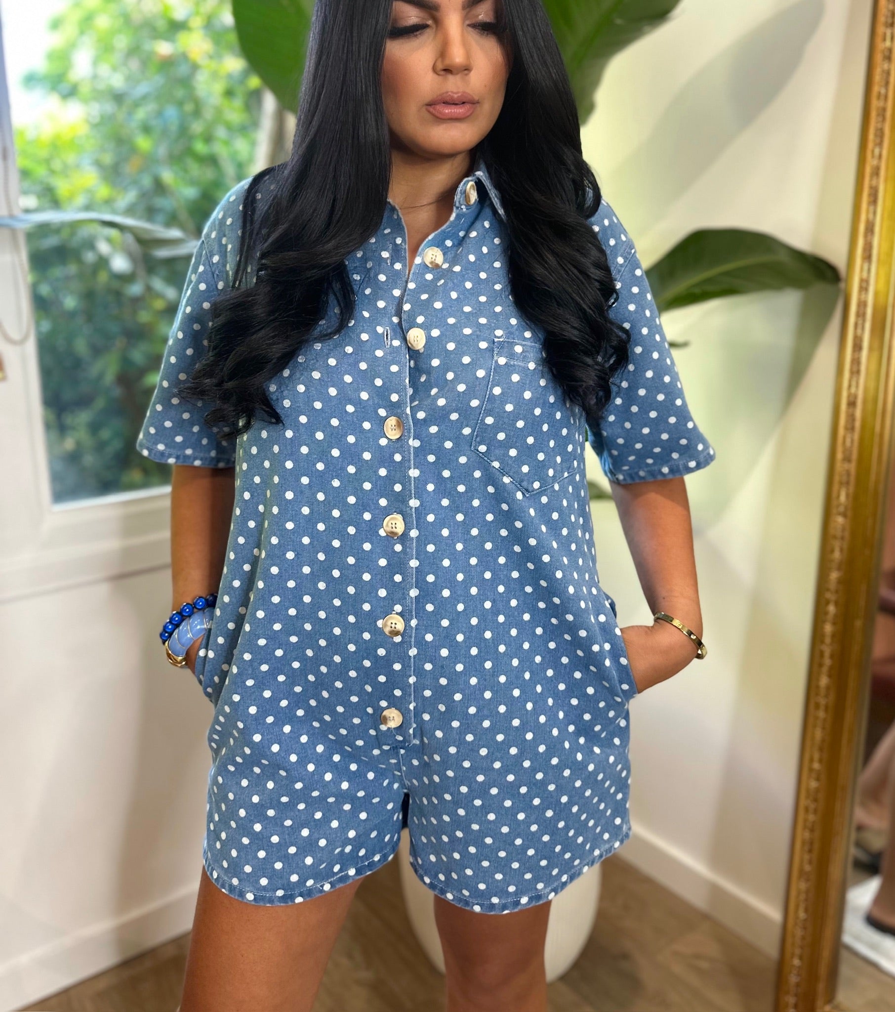 Combinaison short jeans à pois