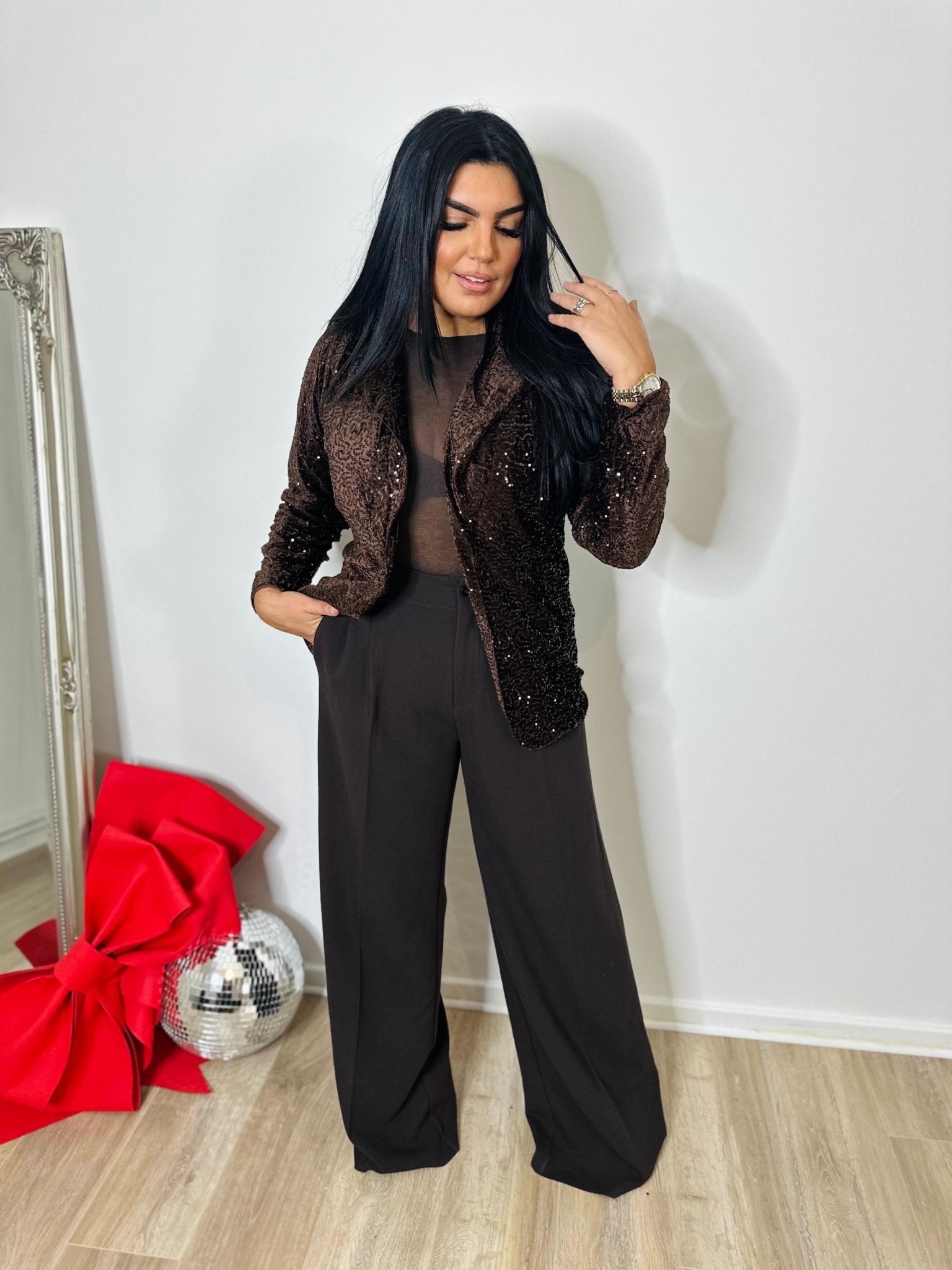 Blazer velours sequins – Chocolat