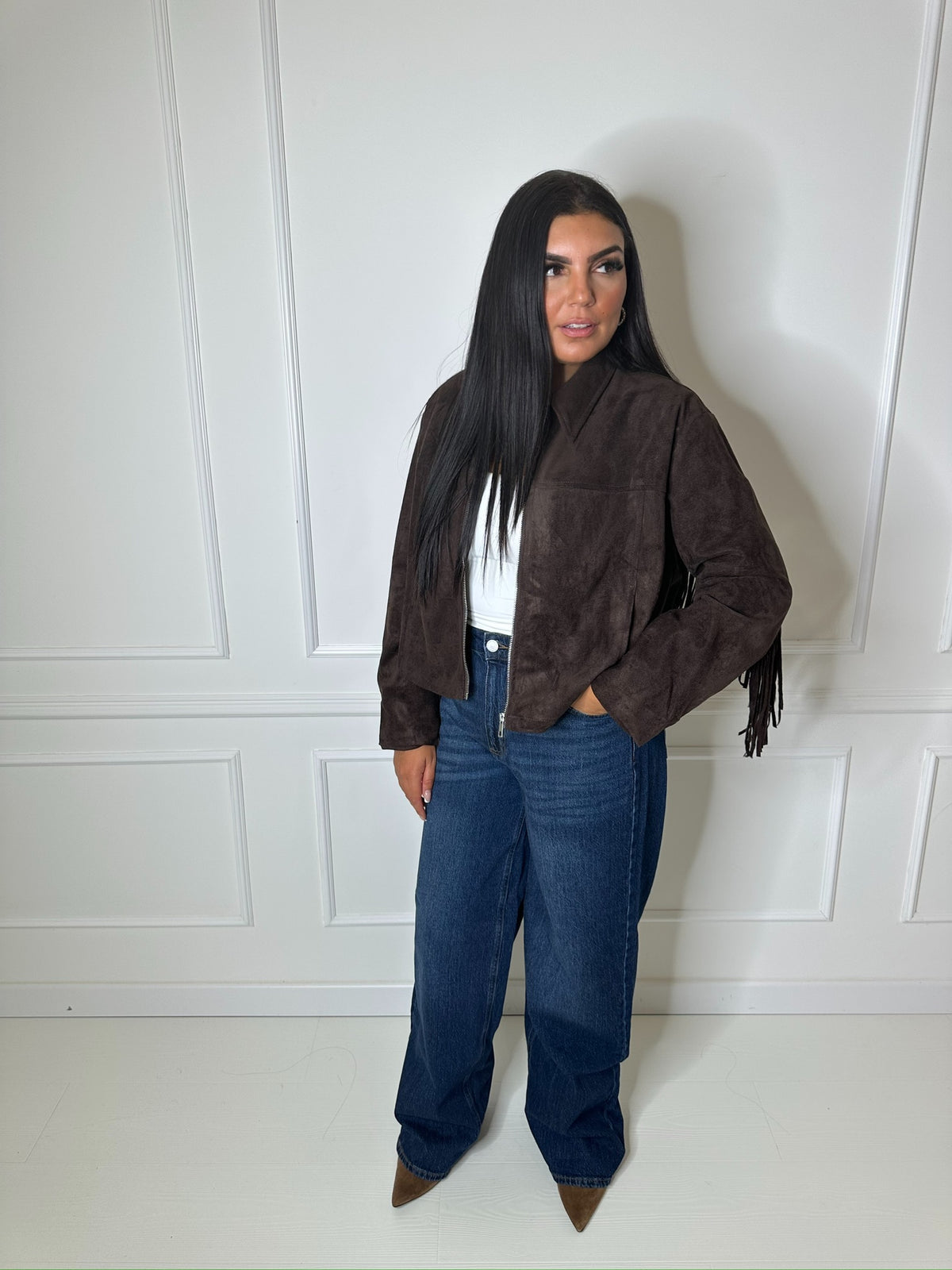 Veste à franges effet daim – Chocolat 🤎