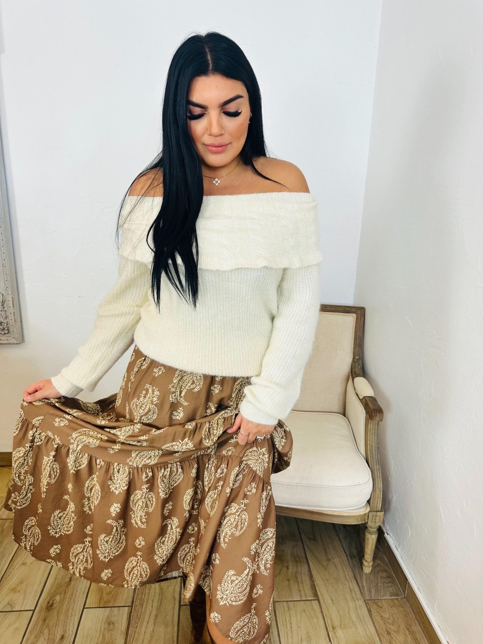 Jupe longue bohème camel motifs paisley