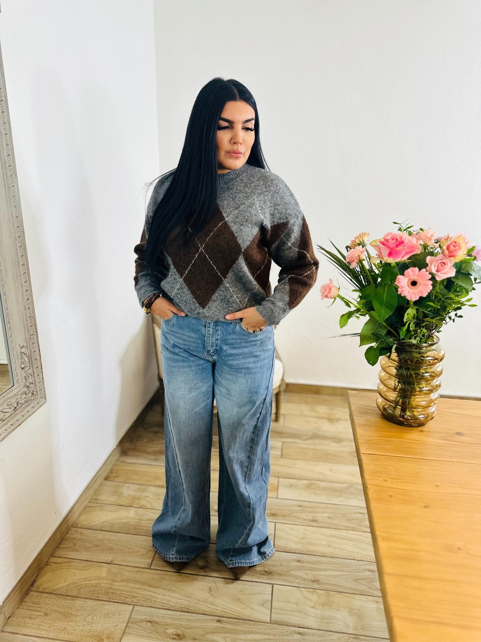 Pull Gris Motif Argyle – Style Chic & Cozy