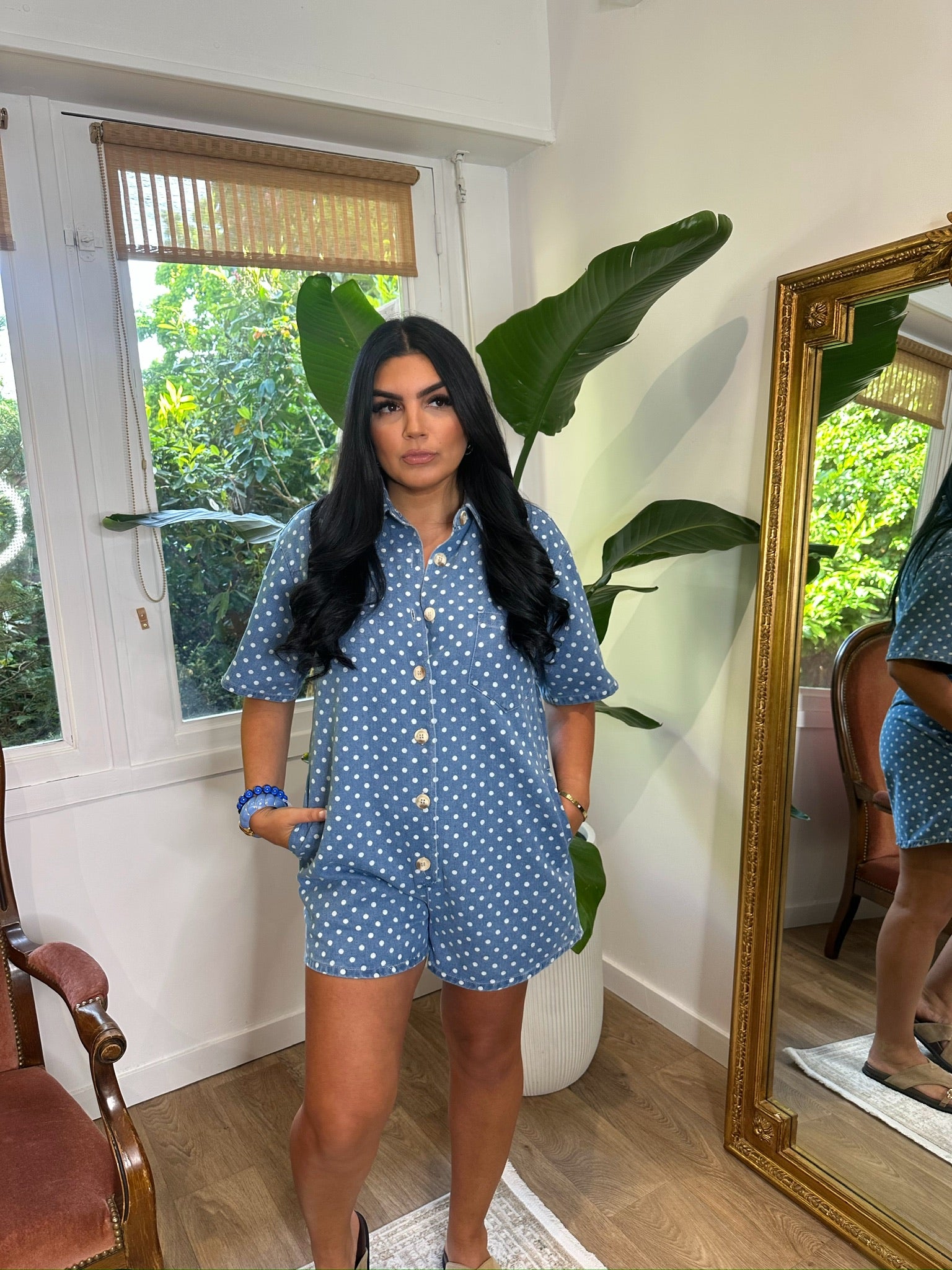 Combinaison short jeans à pois
