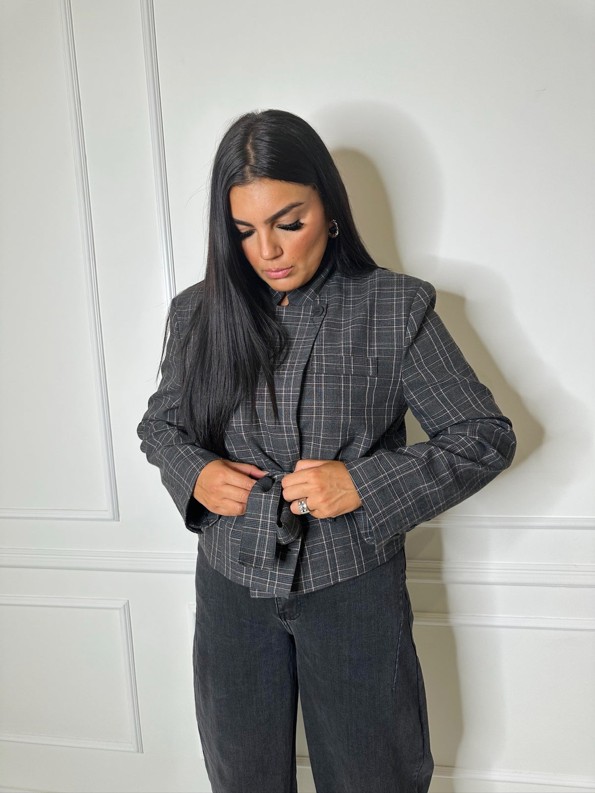 Veste blazer à carreaux – Gris 🩶