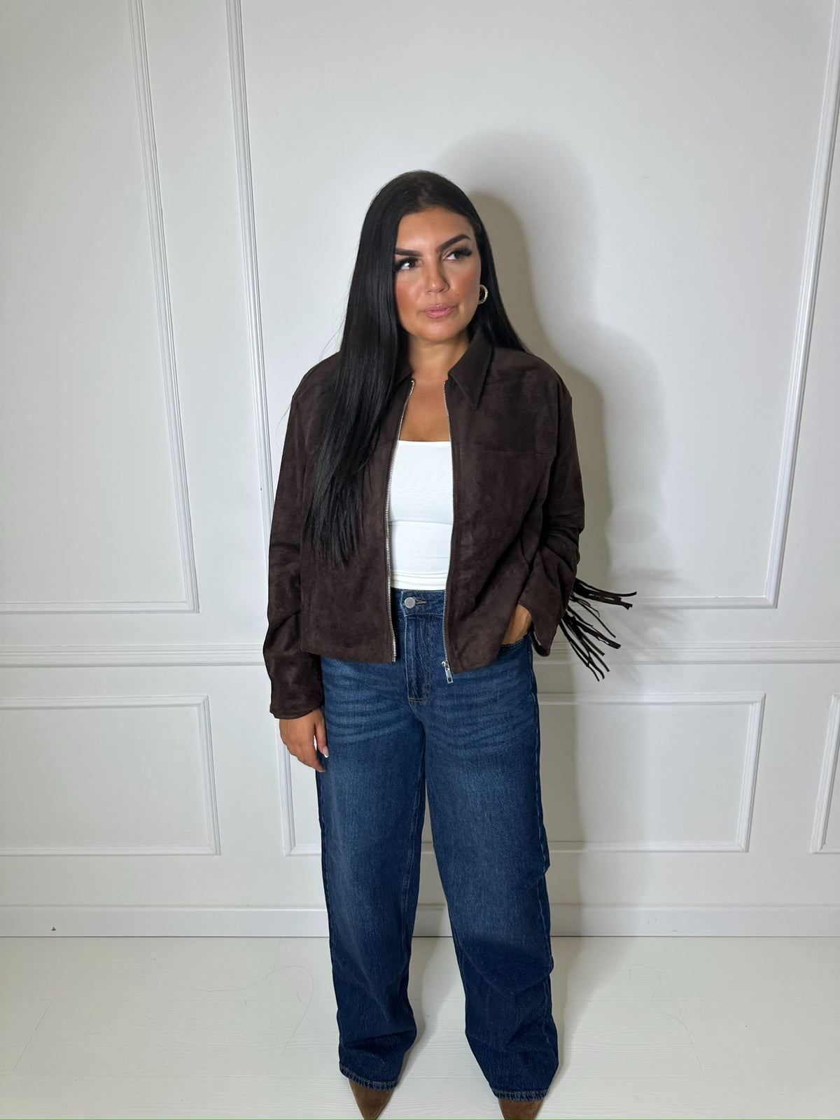 Veste à franges effet daim – Chocolat 🤎