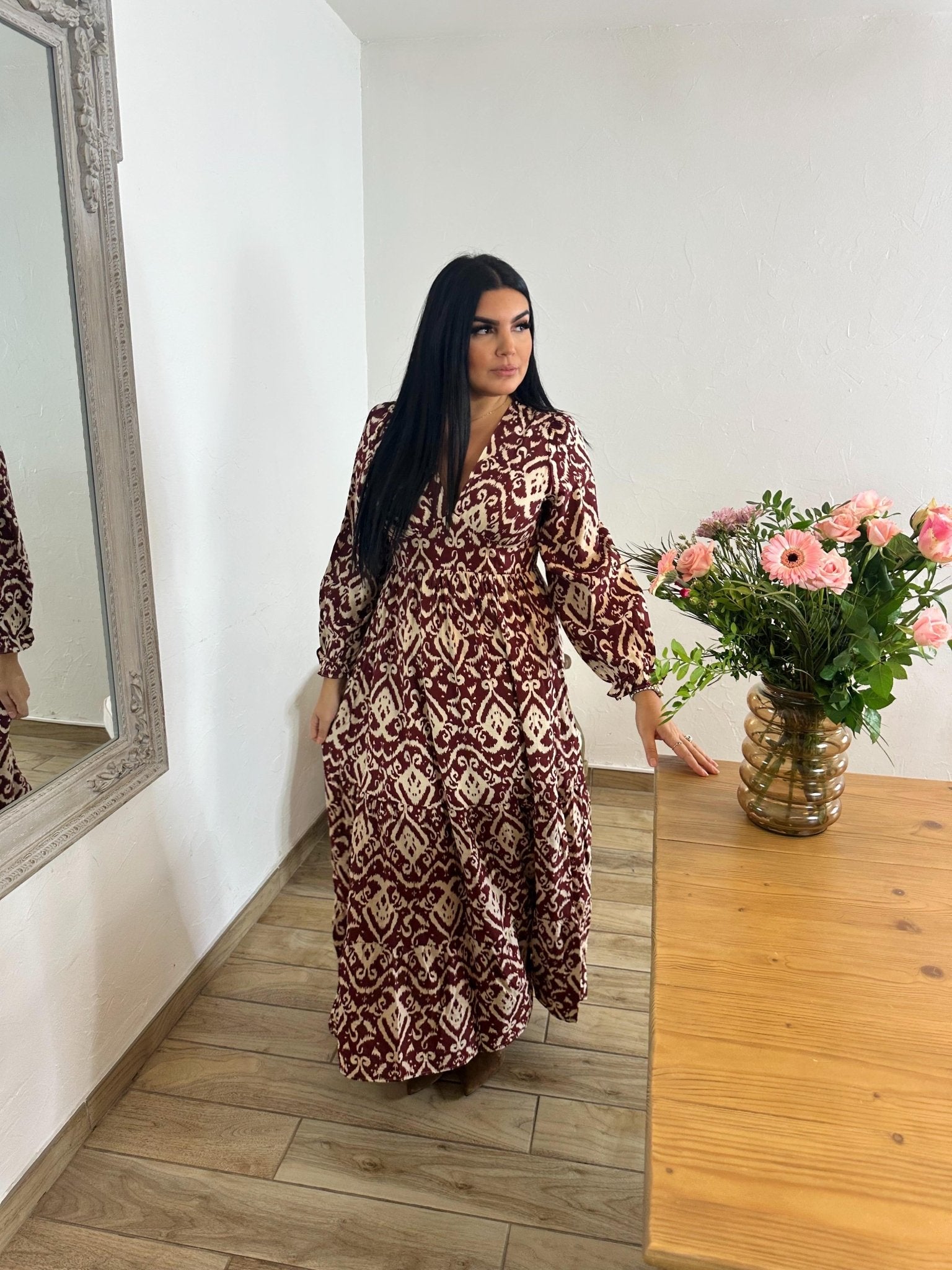Robe longue bordeaux imprimé bohème