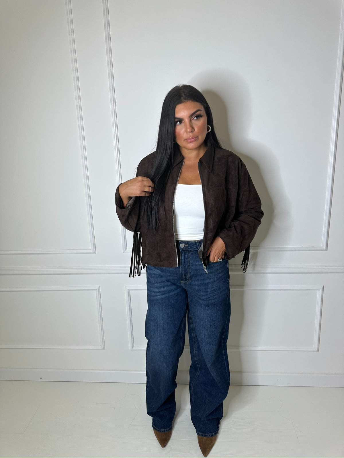 Veste à franges effet daim – Chocolat 🤎