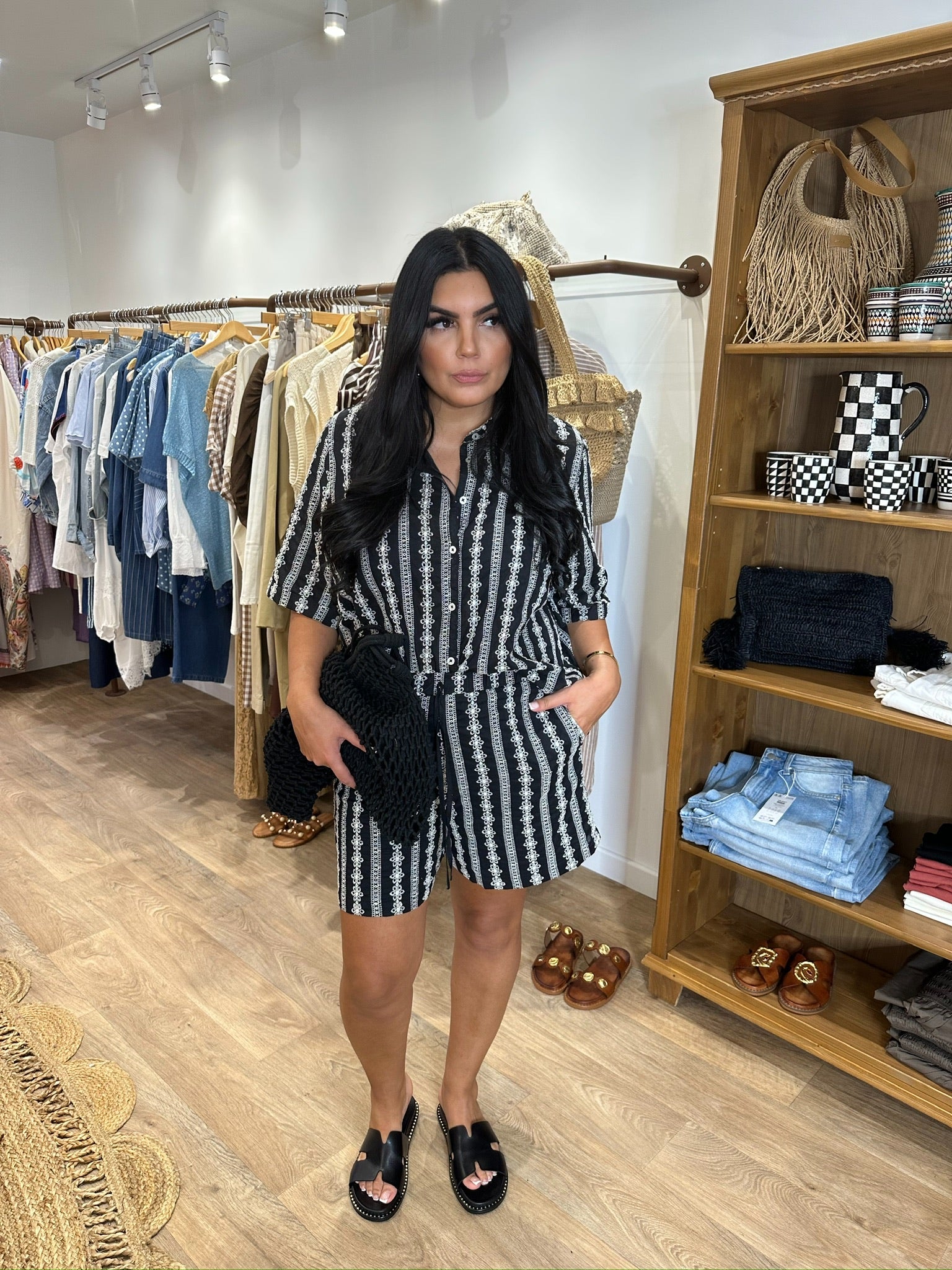 Ensemble chemise & short imprimé noir et blanc 100% coton